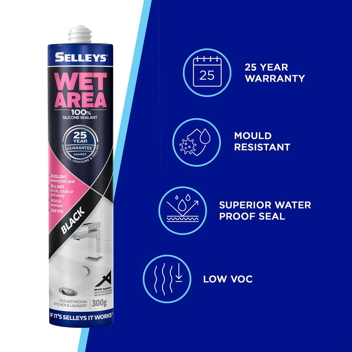 Selleys 300g Wet Area Waterproof Silicone Sealant - Black - Mould Resistant - Image 3