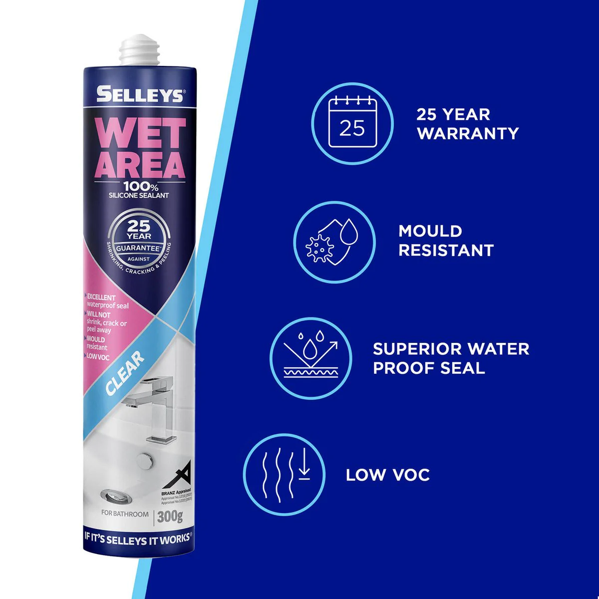 Selleys Clear Waterproof Silicone Sealant 300g - Mould Resistant - 100% Silicone - Image 3