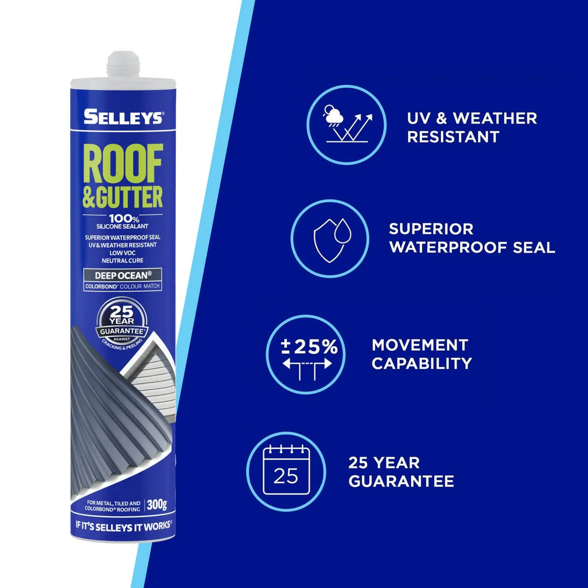Selleys Roof and Gutter Silicone Sealant 300g - Deep Ocean - Waterproof - Image 2