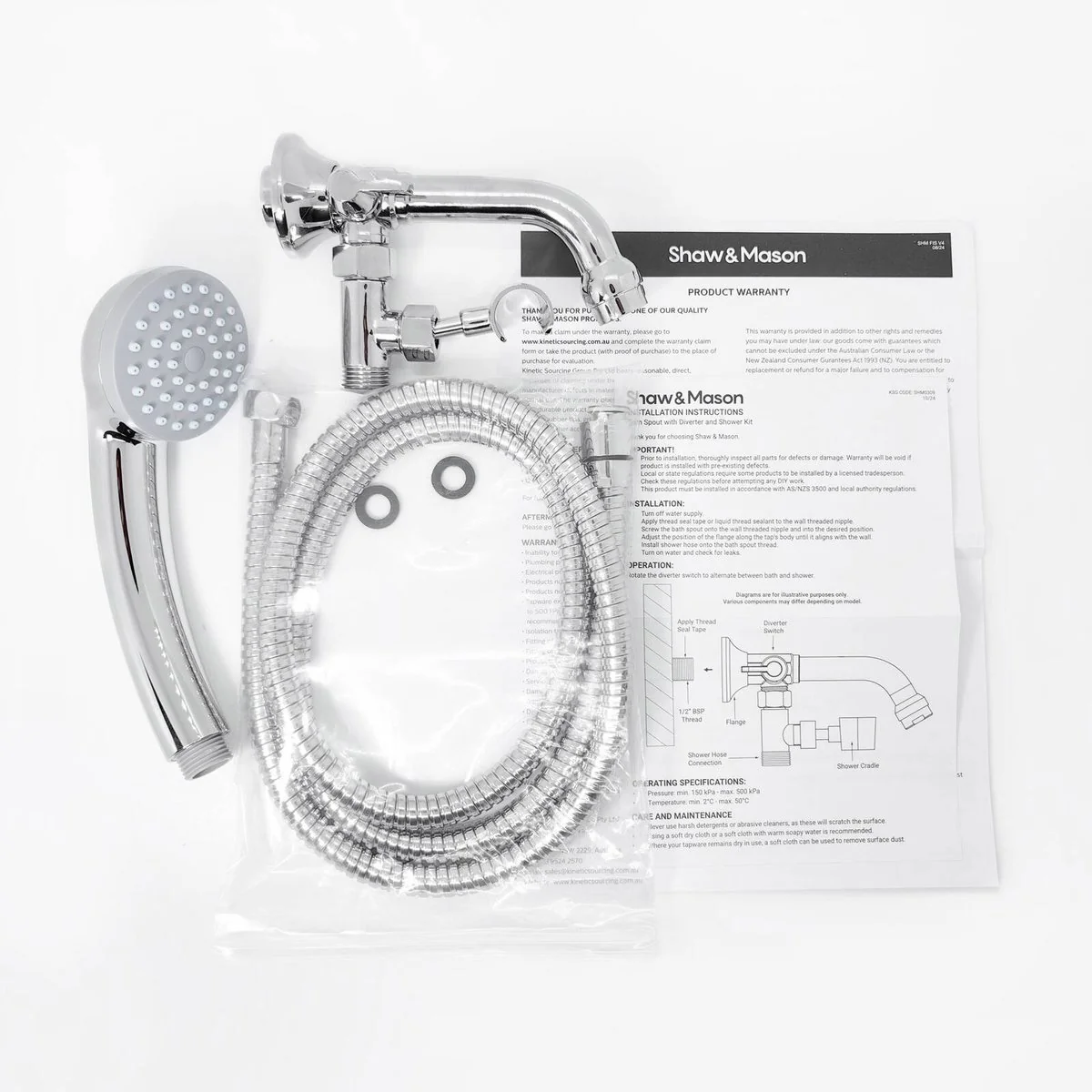 Shaw Mason Chrome Bath Spout with Diverter & Shower Kit - 1/2" BSP Connection - Adjustable Swivel Holder - 170mm x 180mm x 90mm - Image 4