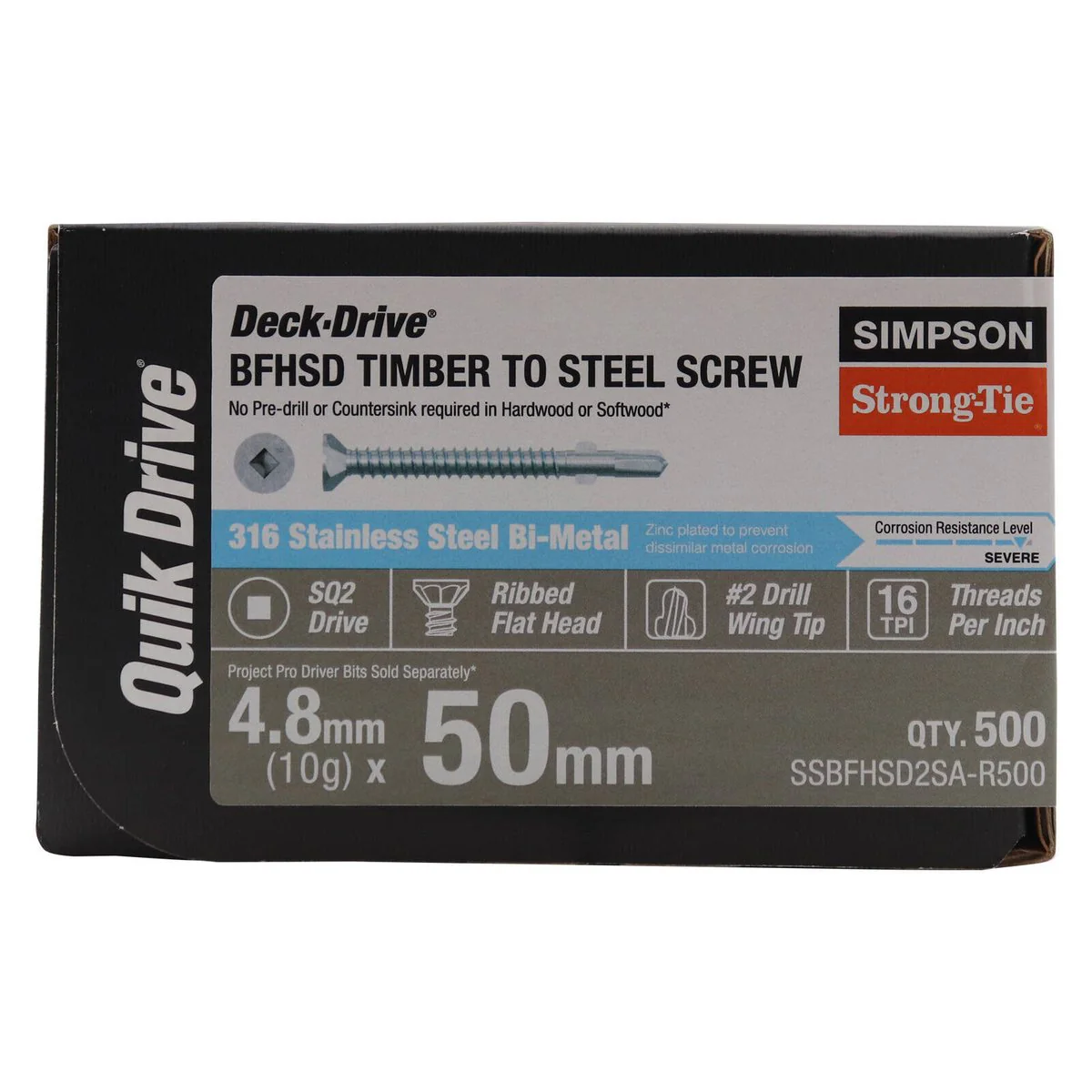 Simpson Strong Tie 10 x 50mm 316SS Collated Bi Metal Decking Screw 500 Pack - Corrosion Resistant - Easy Installation - Image 2