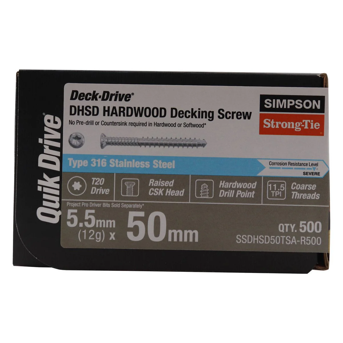 Simpson Strong Tie 12g x 50mm SS316 Quik Drive Decking Screw - 500 Pack - No Pre-Drilling - Corrosion Resistant - Image 2