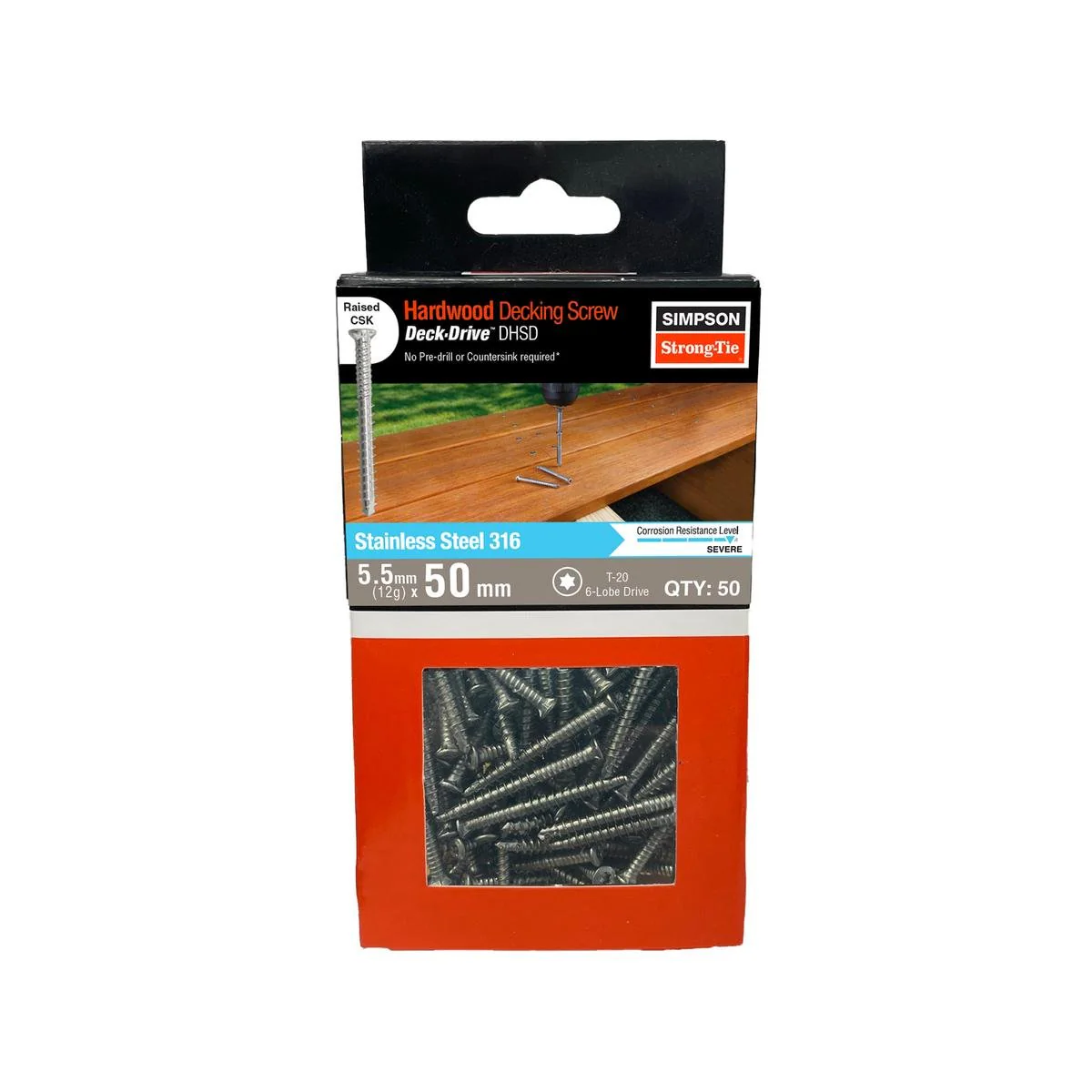 Simpson Strong Tie 12g x 50mm Stainless Steel 316 Decking Screw - 50 Pack - No Pre-Drilling - Ribbed Shank