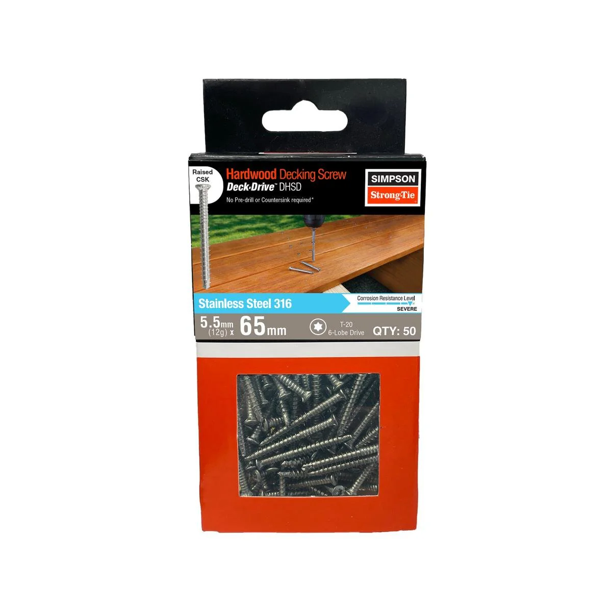 Simpson Strong Tie Decking Screw - 12g x 65mm - 50 Pack - No Pre-Drilling - 316 Stainless Steel