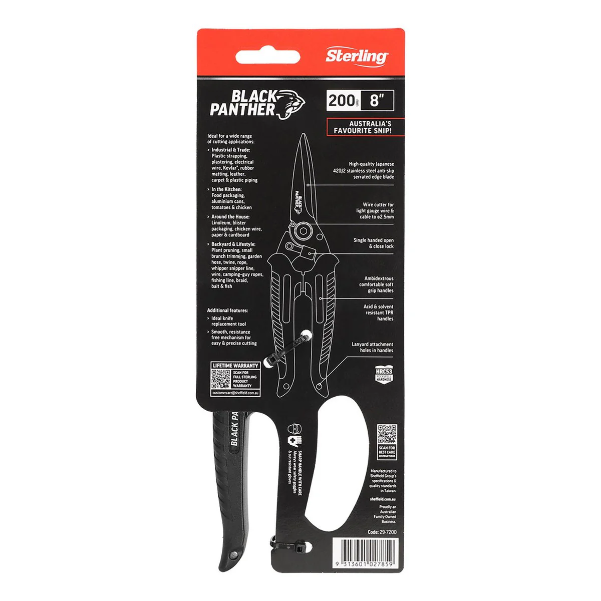 Sterling 200mm Black Panther Industrial Snips - Stainless Steel - Ergonomic - Image 4
