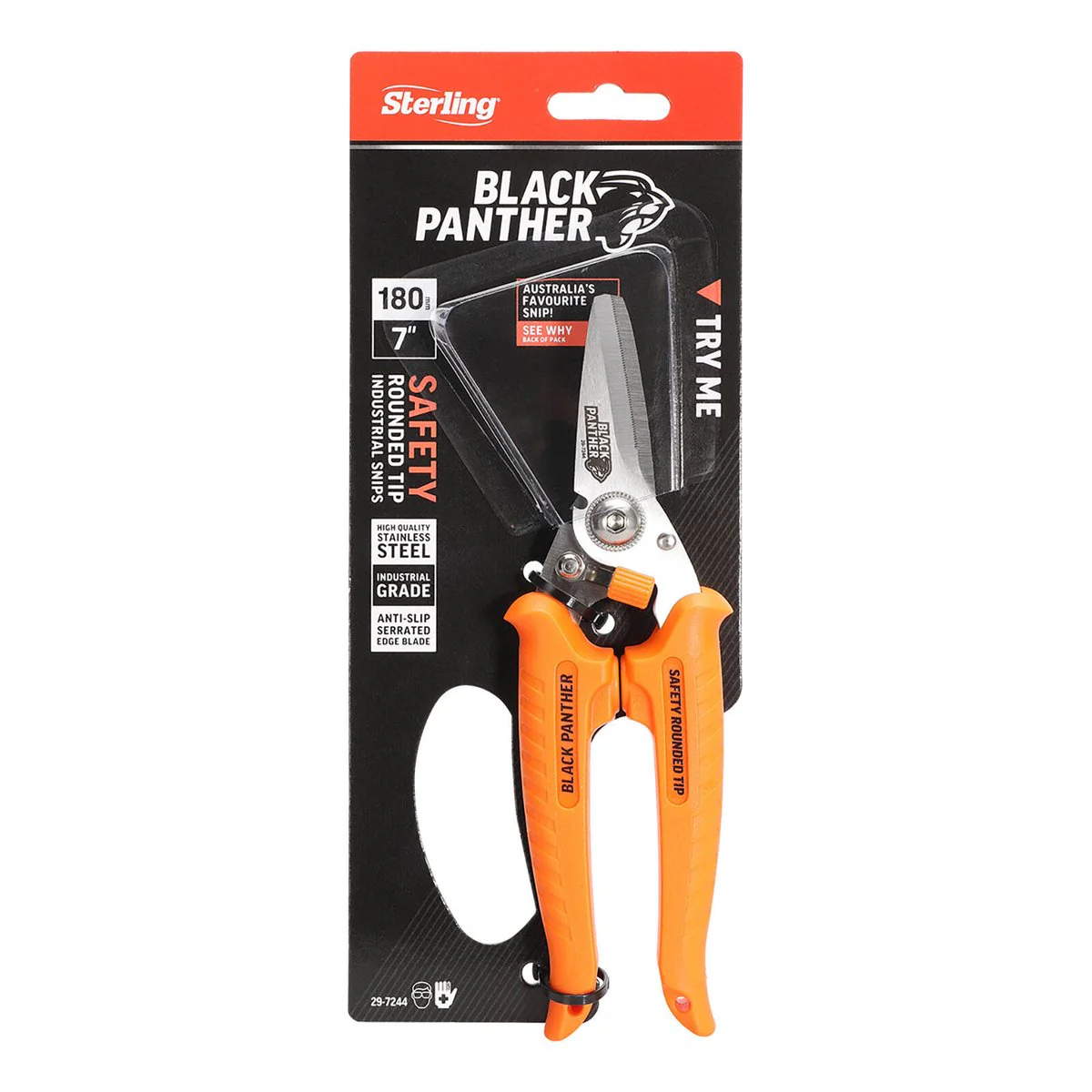 Sterling Black Panther Industrial Snips - 180mm - Safety Rounded Tip - Black - Durable Stainless Steel - Image 2