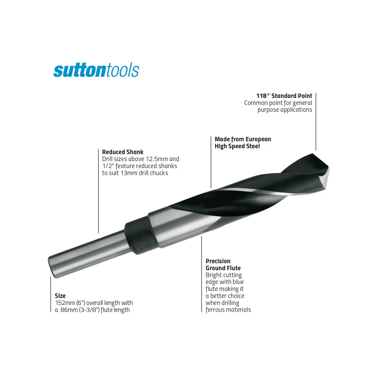 Sutton Tools Jobber Drill Bit - 14 x 12.5mm - M2 HSS - Ferrous Use - Image 3