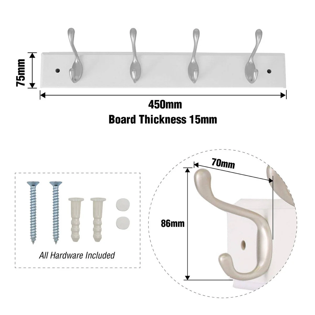 Syneco White Board Coat Rack - 4 Hooks - 450mm x 100mm x 75mm - White/Silver - Image 3