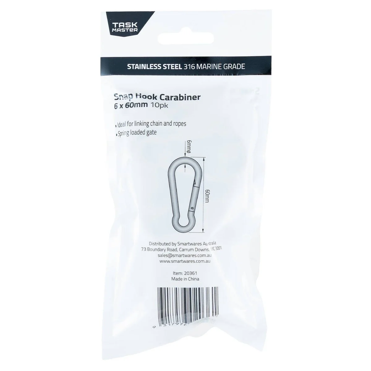 Taskmaster 316 Stainless Steel Snap Hook 10 Pack - 6 x 60mm - Durable Rigging - Image 3