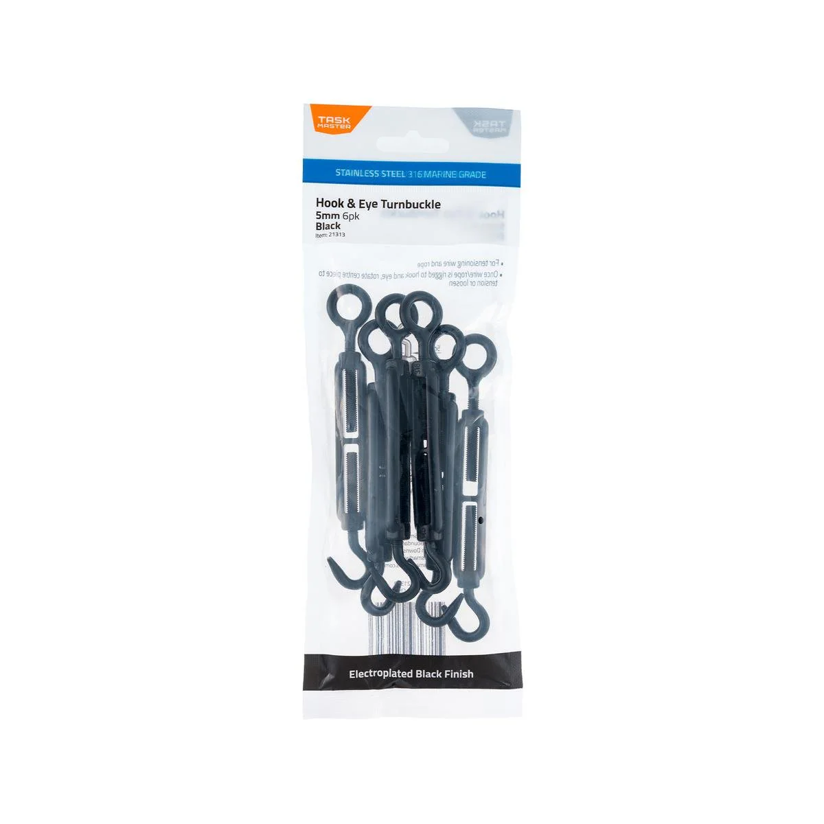 Taskmaster 5mm Black Turnbuckle Hook and Eye 6 Pack - 316 Stainless Steel - Tensioning