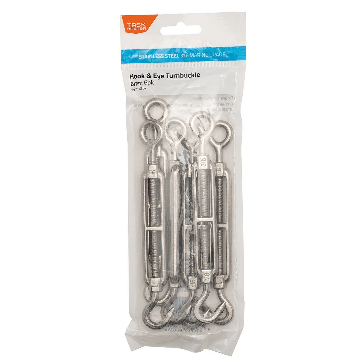 Taskmaster 6mm 316 Stainless Steel Turnbuckle 6 Pack - Tensioning Wire - 90mm x 250mm - Steel
