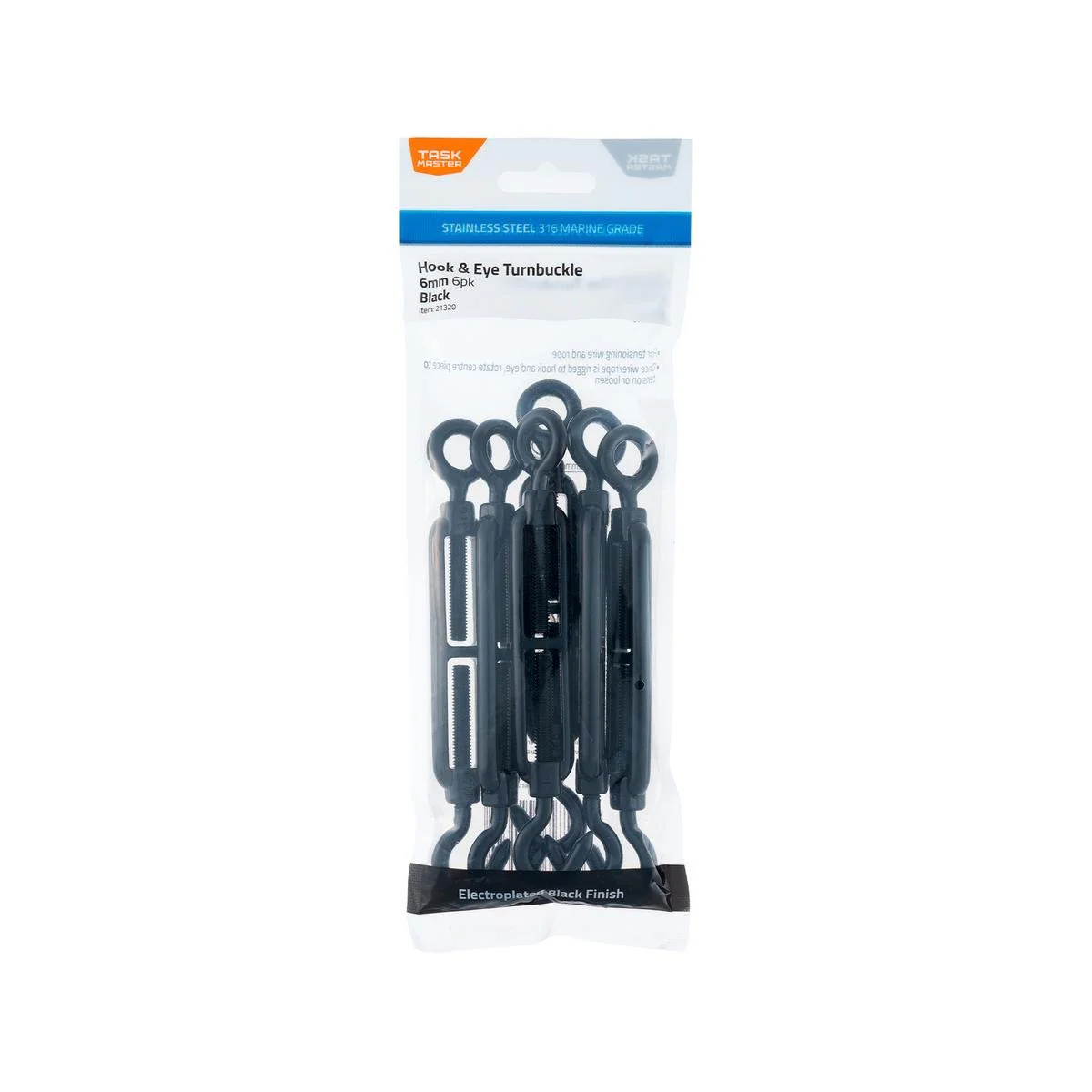 Taskmaster 6mm Black Turnbuckle Hook and Eye 6 Pack - 316 Stainless Steel - Tensioning
