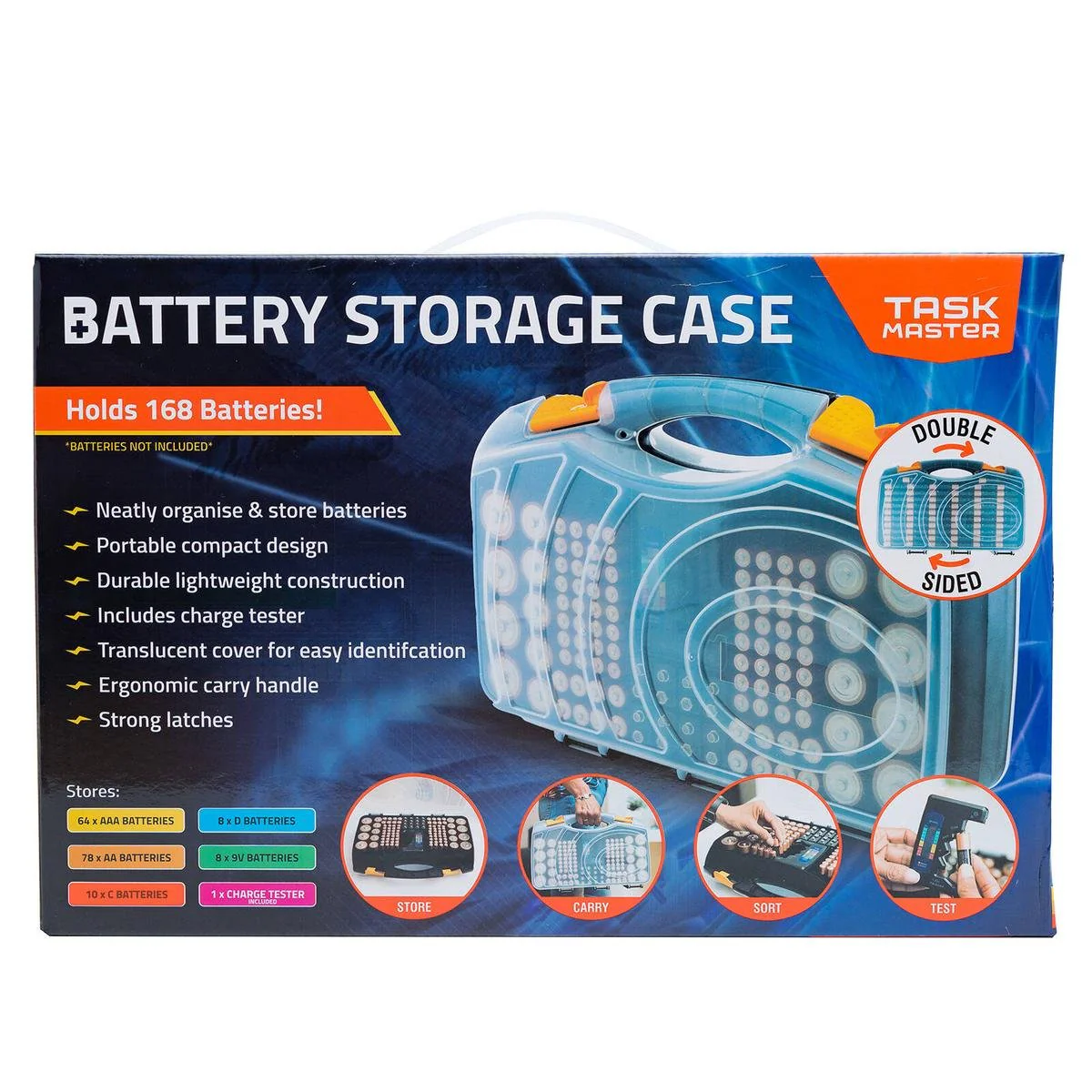 Taskmaster Double Sided Battery Storage Case - Holds 168 Batteries - 345mm x 230mm x 90mm - Includes Battery Tester
