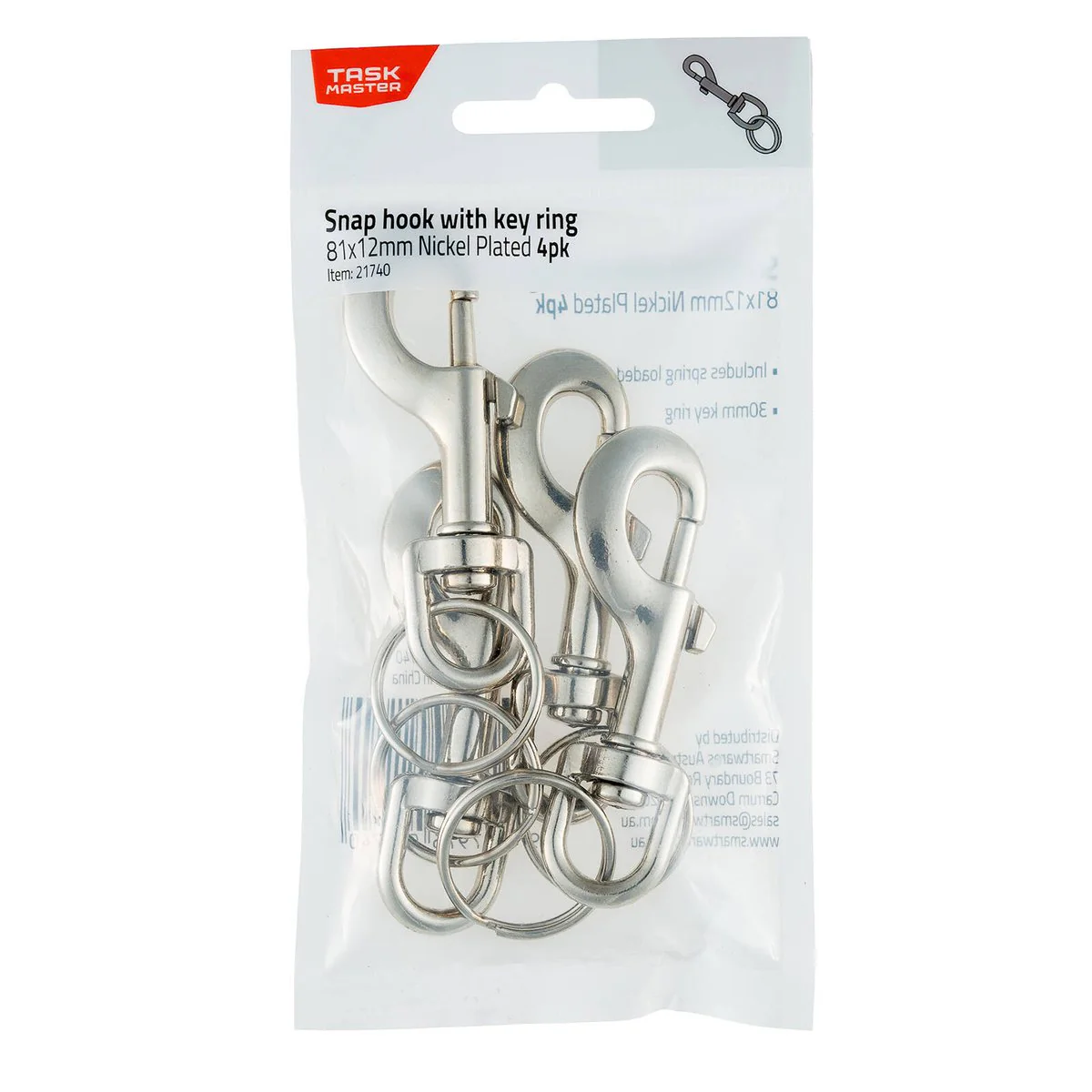 Taskmaster Nickel Plated Snap Hook with Key Ring - 81x12mm - 4 Pack - Durable - Image 2