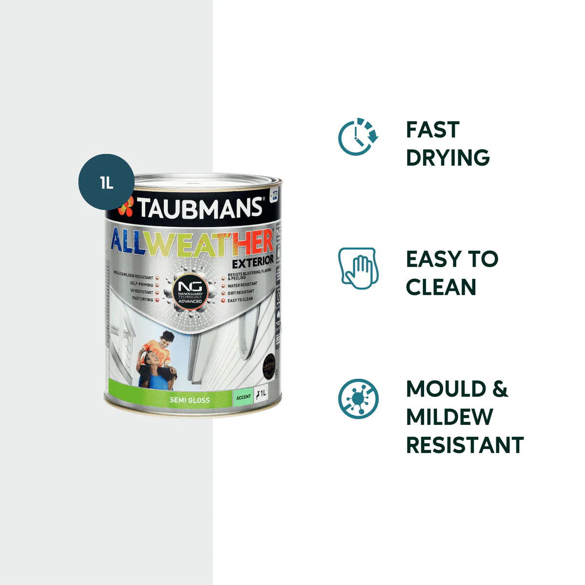 Taubmans 1L Accent Semi Gloss All Weather Exterior Paint - Water Based - Mould Resistant - Image 2