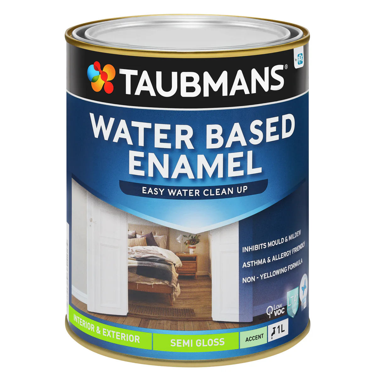 Taubmans 1L Accent Semi Gloss Water Based Enamel Paint - 1L - Low VOC, Non-Yellowing