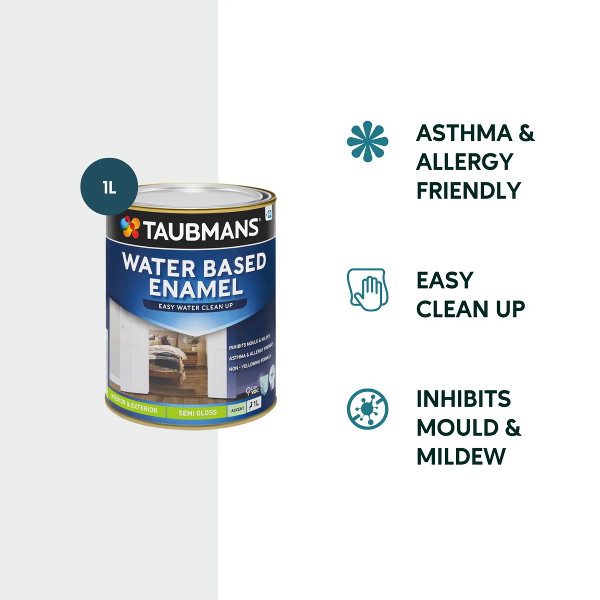 Taubmans 1L Accent Semi Gloss Water Based Enamel Paint - 1L - Low VOC, Non-Yellowing - Image 2