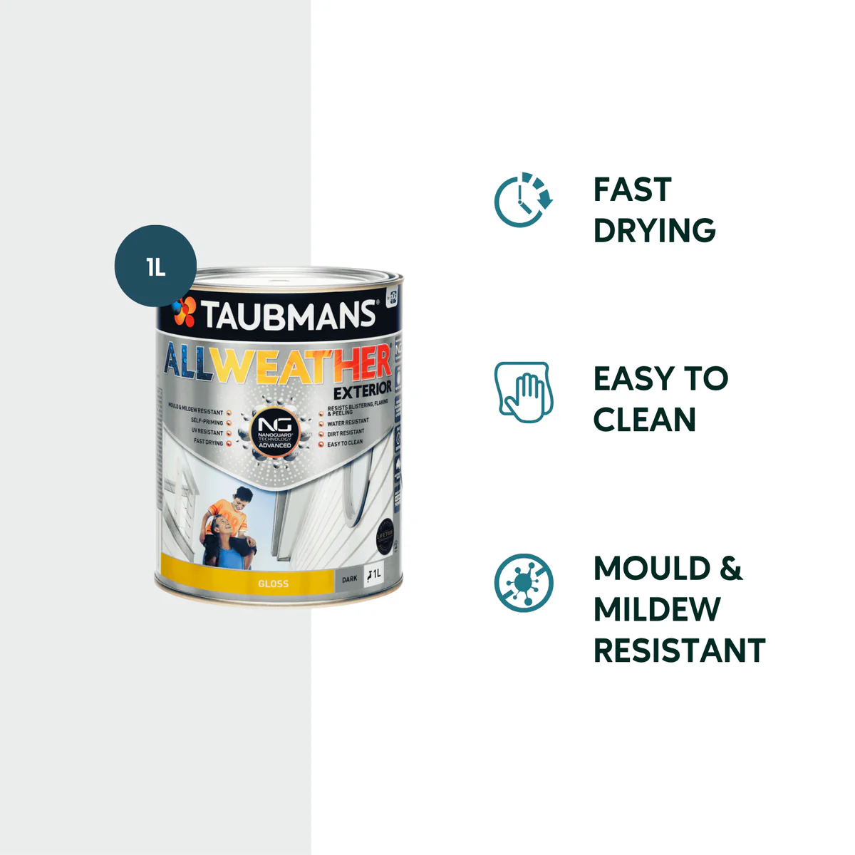 Taubmans 1L Dark Gloss All Weather Exterior Paint - Water Based Acrylic - Mould Resistant - Image 2
