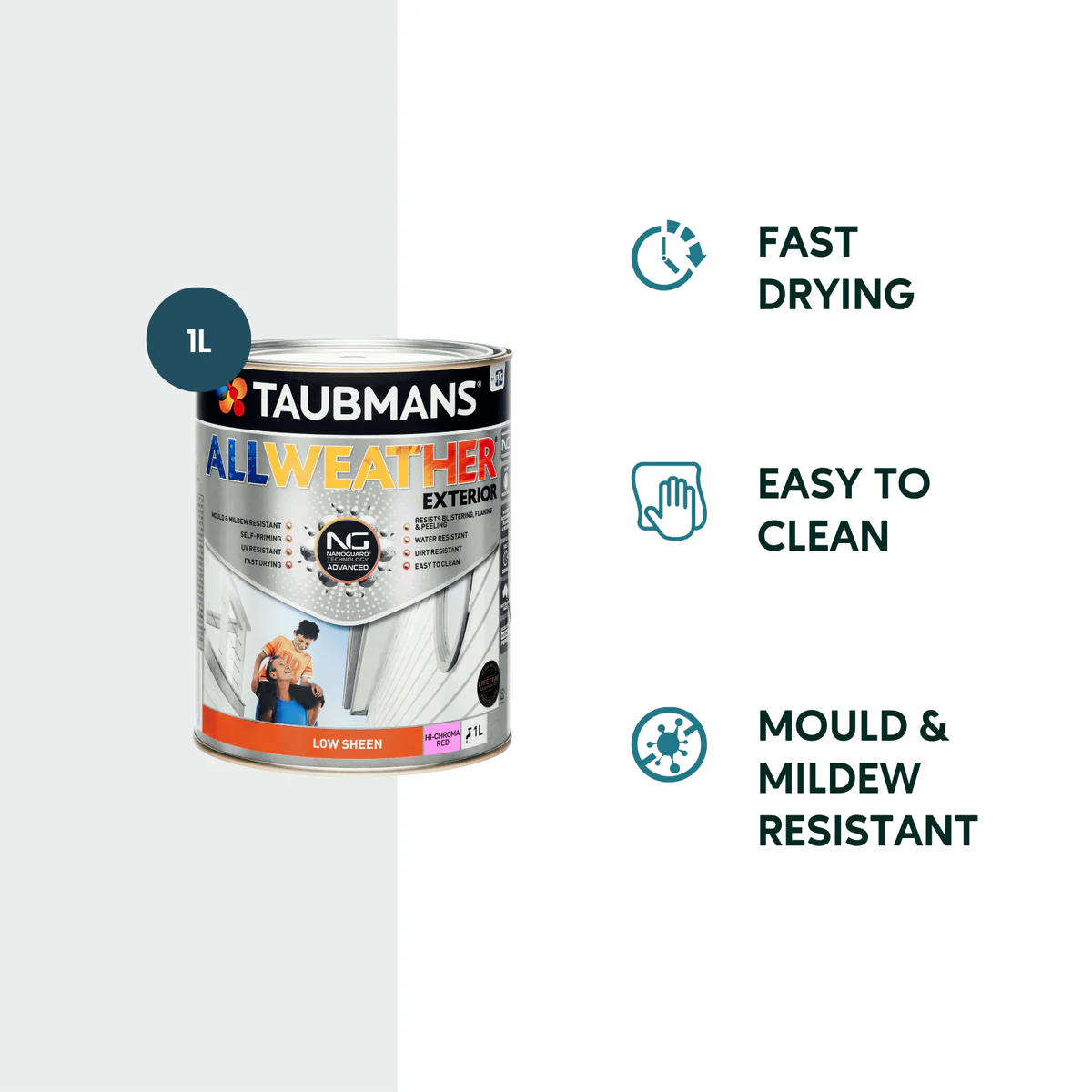 Taubmans 1L Hi C Red Low Sheen Exterior Paint - All Weather - Durable - Image 2