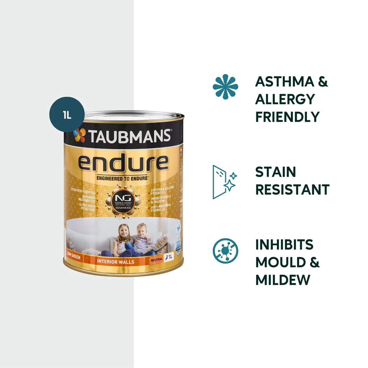 Taubmans 1L Neutral Low Sheen Endure Interior Walls Paint - Stain Resistant - Low Odour - Image 2
