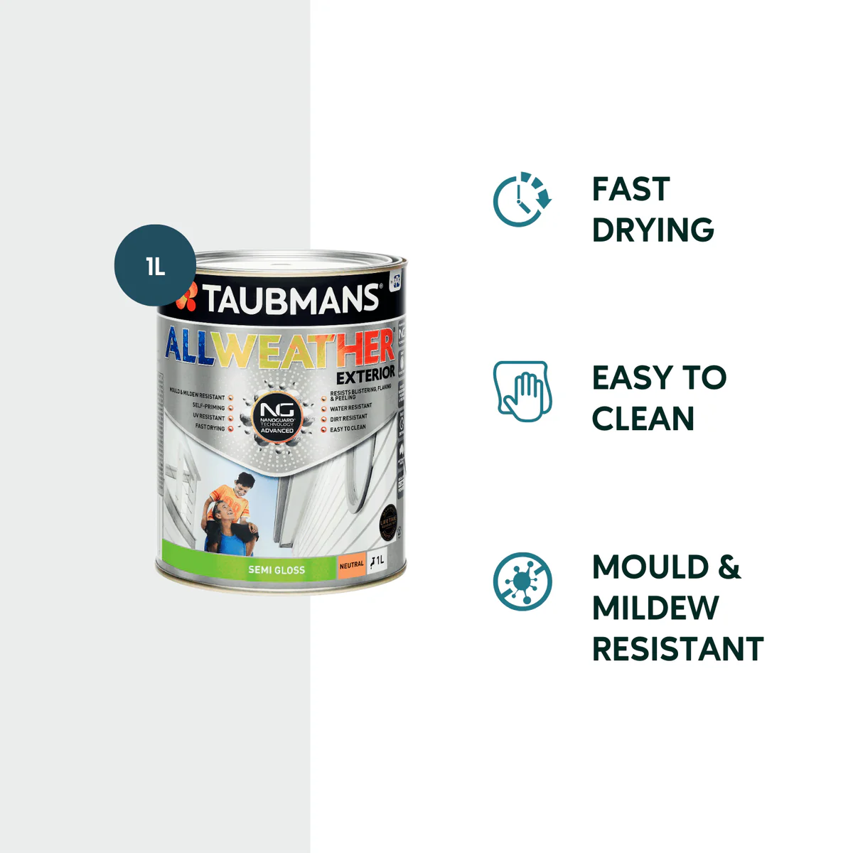 Taubmans 1L Neutral Semi Gloss All Weather Exterior Paint - Mould Resistant - UV Protection - Image 2