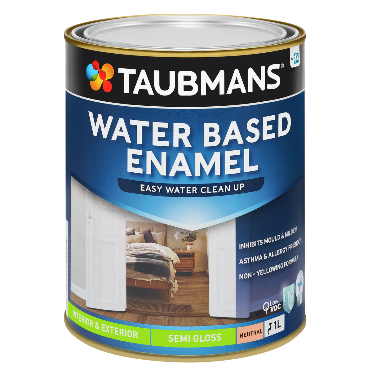 Taubmans 1L Neutral Semi Gloss Water Based Enamel Paint - Low VOC - Mould Resistant