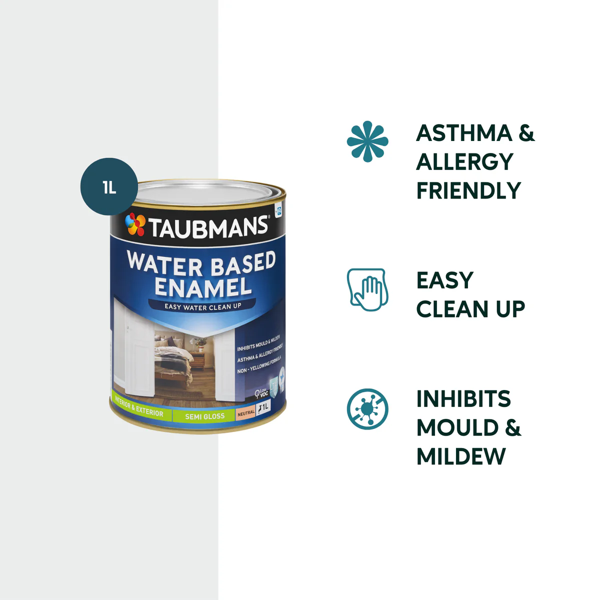 Taubmans 1L Neutral Semi Gloss Water Based Enamel Paint - Low VOC - Mould Resistant - Image 2