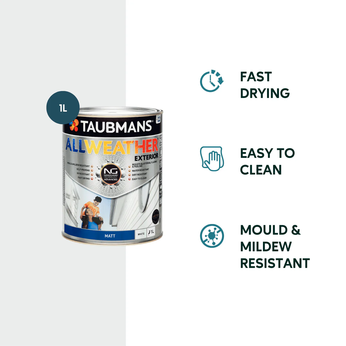 Taubmans 1L White Matt All Weather Exterior Paint - Water Based - Mould Resistant - Image 2