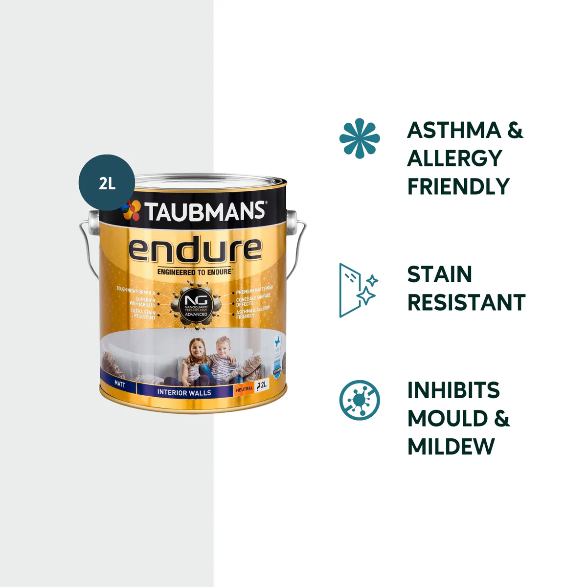 Taubmans 2L Neutral Matt Endure Interior Walls Paint - 2L - Water Based - Stain Resistant - Low Odour - Image 2