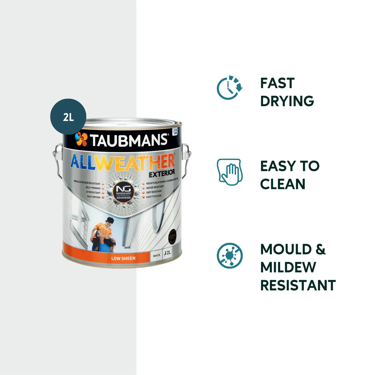 Taubmans 2L White Low Sheen All Weather Exterior Paint - Mould Resistant - Fast Drying - Image 2