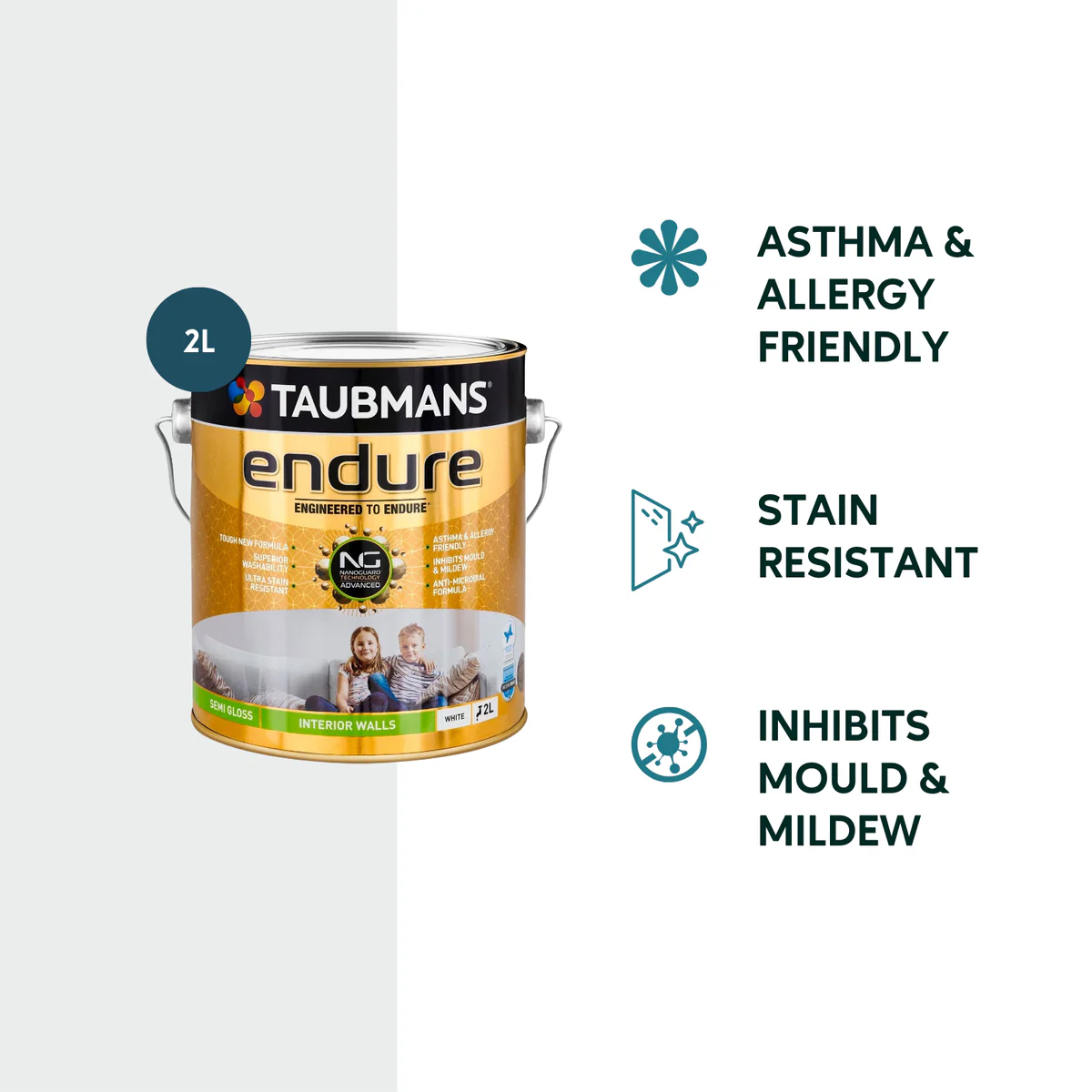 Taubmans 2L White Semi Gloss Endure Interior Walls Paint - Stain Resistant - Low Odour - Image 2
