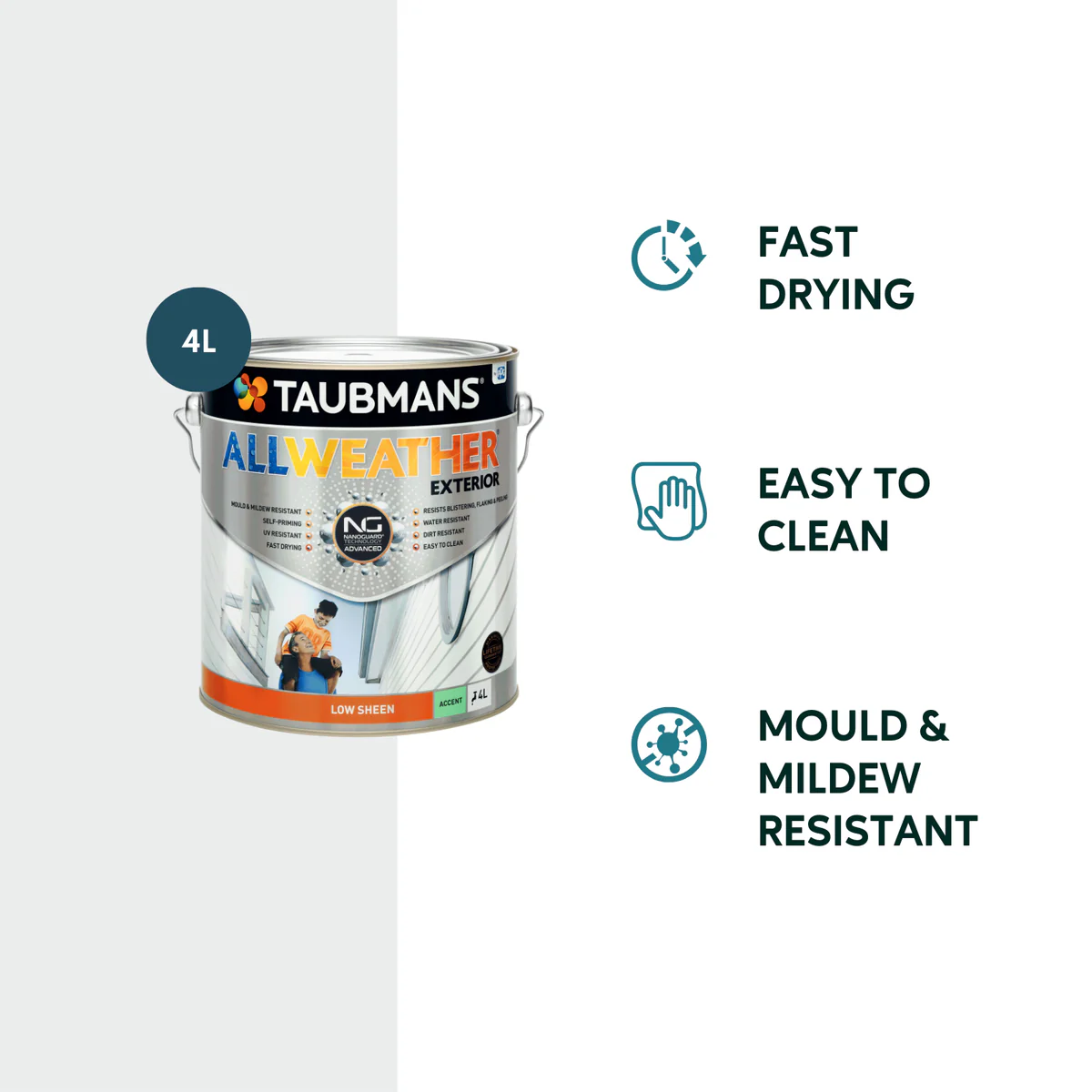 Taubmans 4L Accent Low Sheen All Weather Exterior Paint - Mould Resistant - UV Protection - Image 2