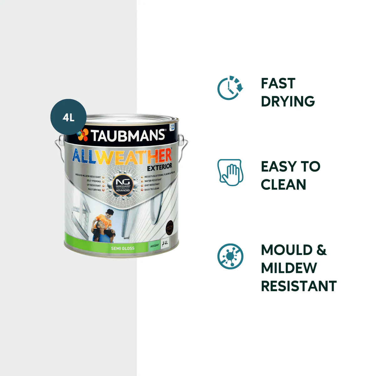 Taubmans 4L Accent Semi Gloss All Weather Exterior Paint - Mould Resistant - Fast Drying - Image 2