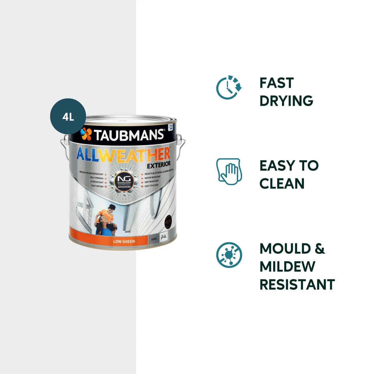 Taubmans 4L Dark Low Sheen All Weather Exterior Paint - Water Based - Mould Resistant - Image 2
