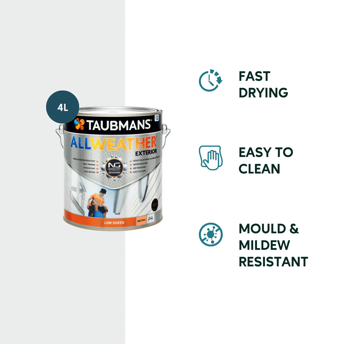 Taubmans 4L Neutral Low Sheen All Weather Exterior Paint - Mould Resistant - Fast Drying - Image 2