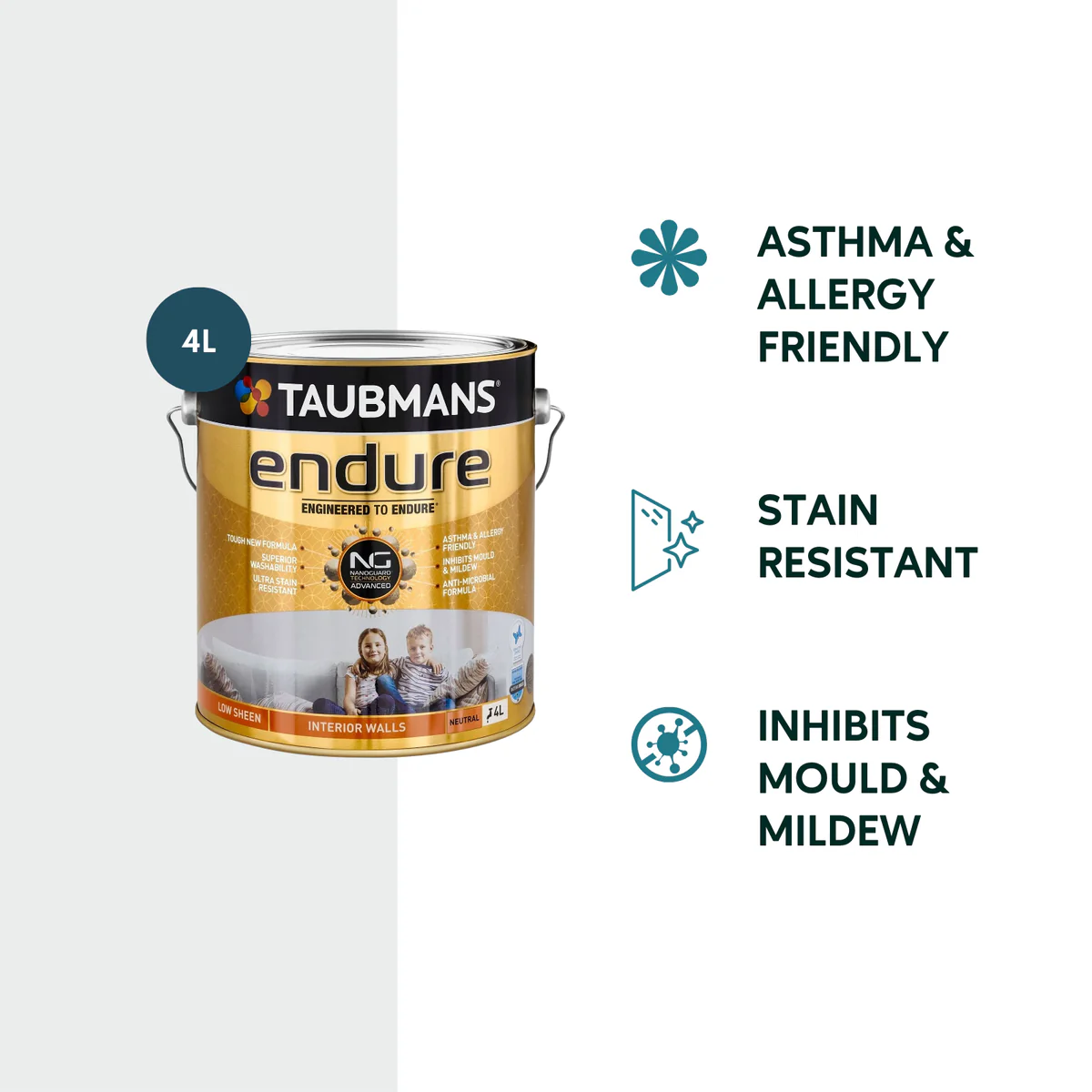 Taubmans 4L Neutral Low Sheen Endure Interior Walls Paint - Stain Resistant - Low Odour - Image 2