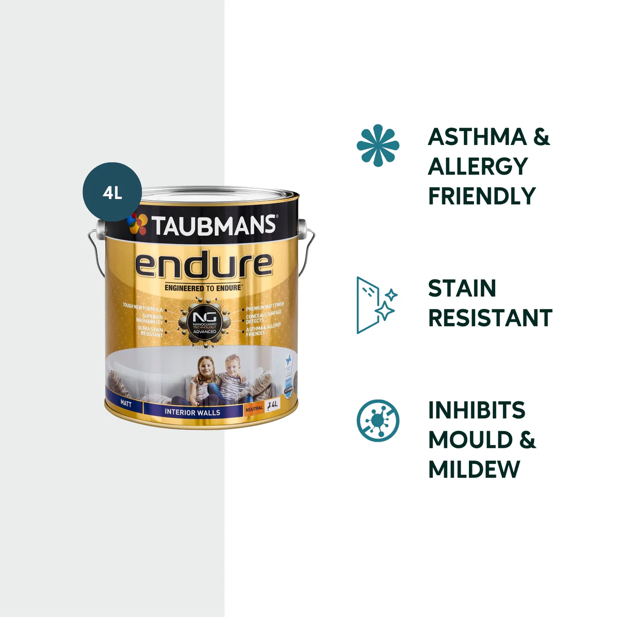 Taubmans 4L Neutral Matt Endure Interior Walls Paint - Stain Resistant - Low Odour - Image 2
