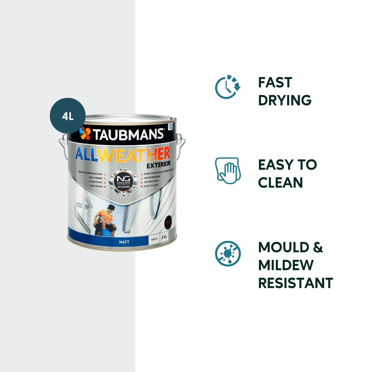 Taubmans 4L White Matt All Weather Exterior Paint - Water Based - Mould Resistant - Image 2