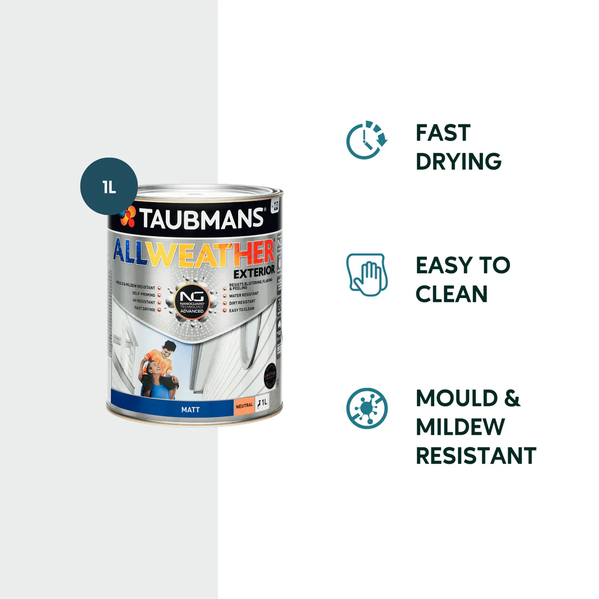 Taubmans All Weather Exterior Paint - 1L Neutral Matt - Water Based - Mould Resistant - Image 2