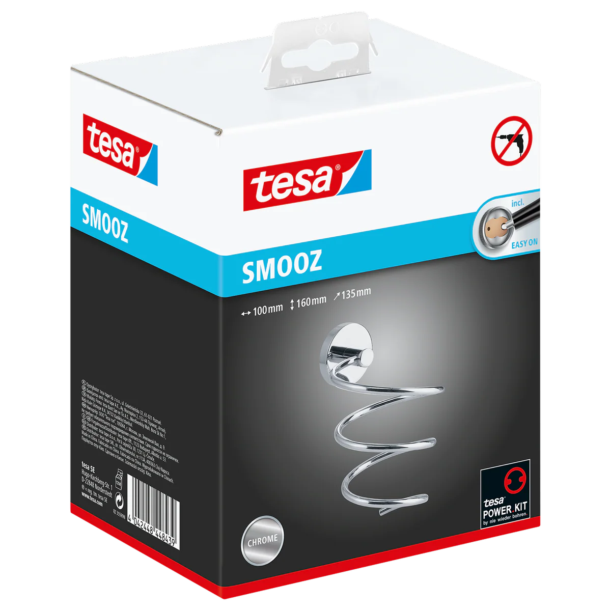 Tesa Smooz Hair Dryer Holder - Chrome - Self-Adhesive - 135mm x 100mm x 160mm - Image 2