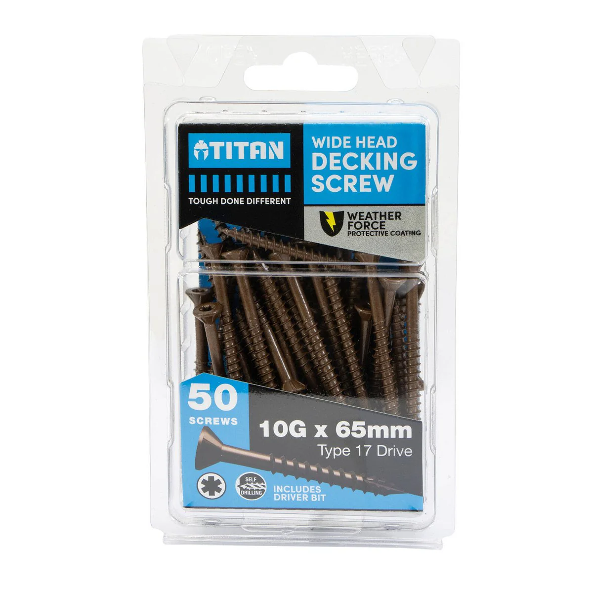 Titan 10g x 65 Weather Force Wide Head Decking Screws Pack of 50 - Durable Corrosion Protection