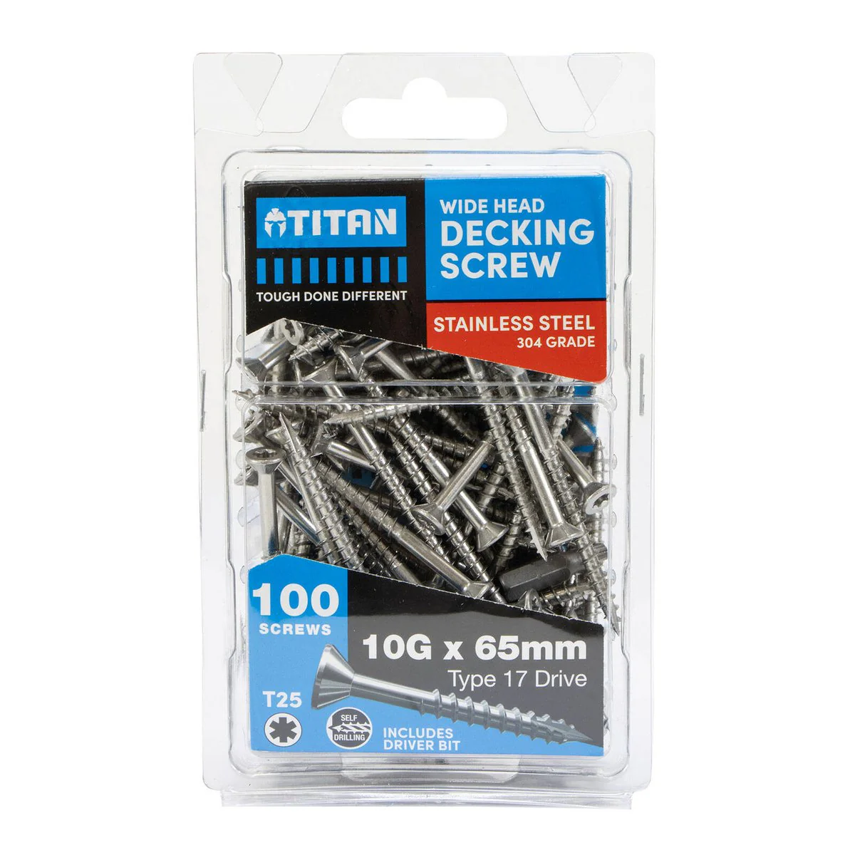 Titan 10g x 65mm Wide Head Decking Screw 304 Stainless Steel - Pack of 100 - Durable for Decking