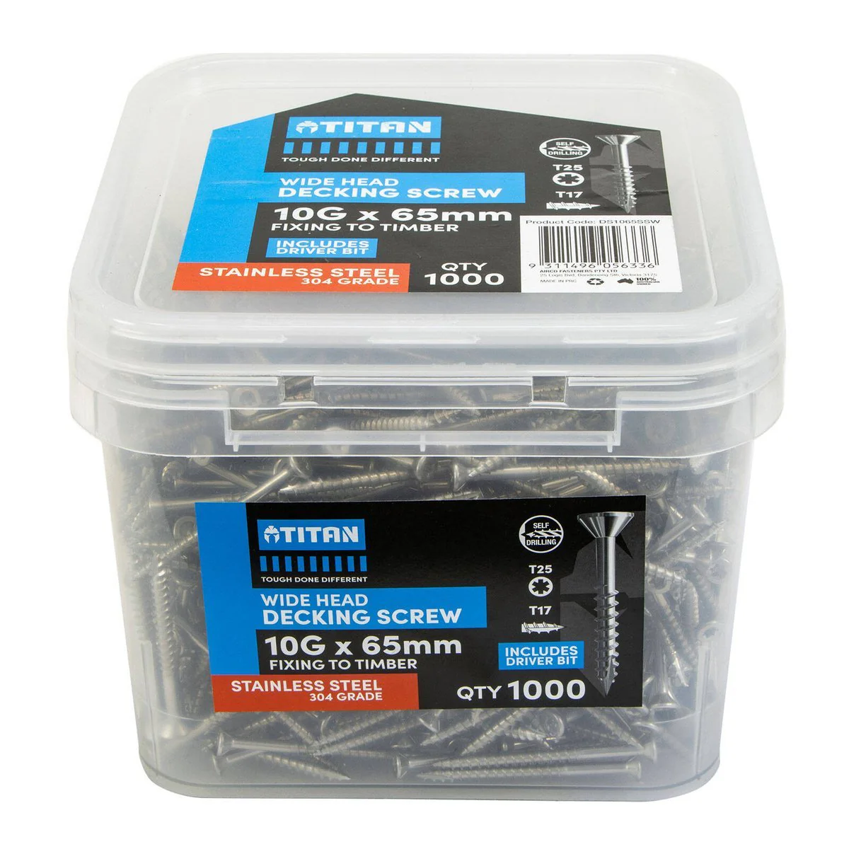Titan 10g x 65mm Wide Head Decking Screw 304 Stainless Steel - Pack of 1000 - Strong Hold - Flush Finish