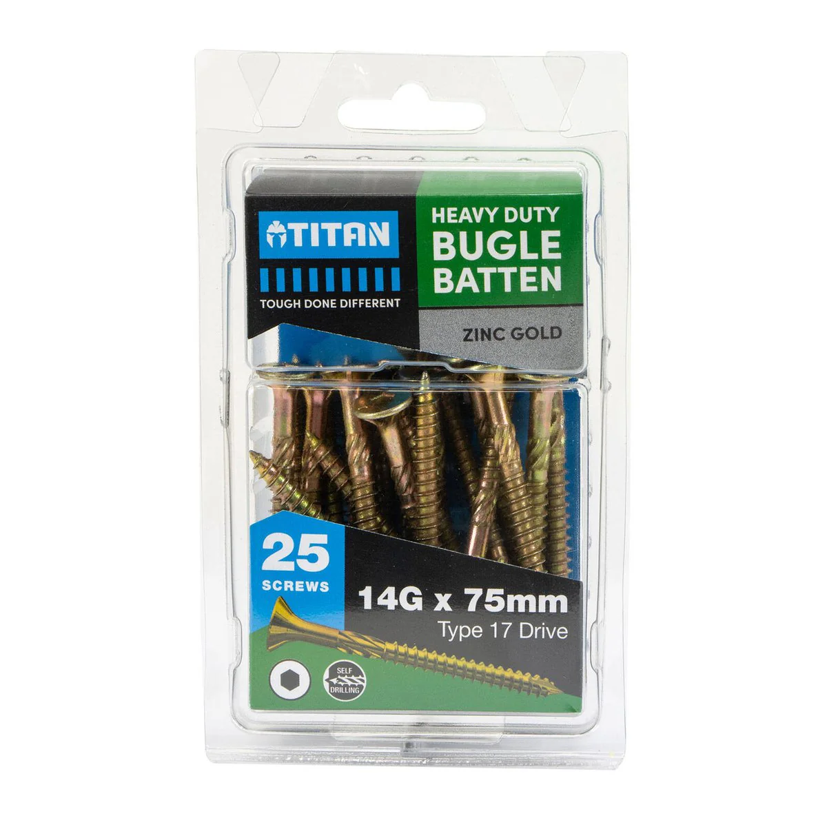 Titan 14g x 75mm Zinc Gold Bugle Batten Screw 25 Pack - Corrosion Resistant - High Torque
