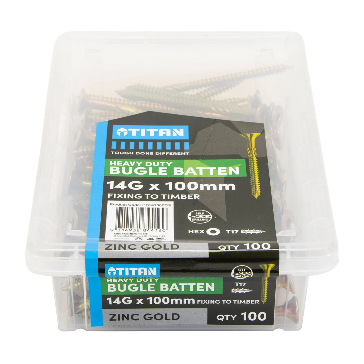 Titan 14g Zinc Gold Timber Bugle Batten Screw - 100 Pack - 100mm - Corrosion-Resistant
