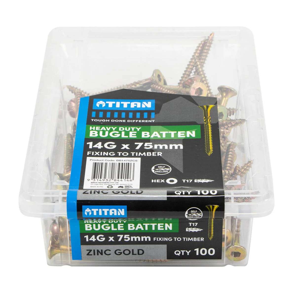 Titan 14g Zinc Gold Timber Bugle Batten Screw - 75mm - 100 Pack - Corrosion Resistant