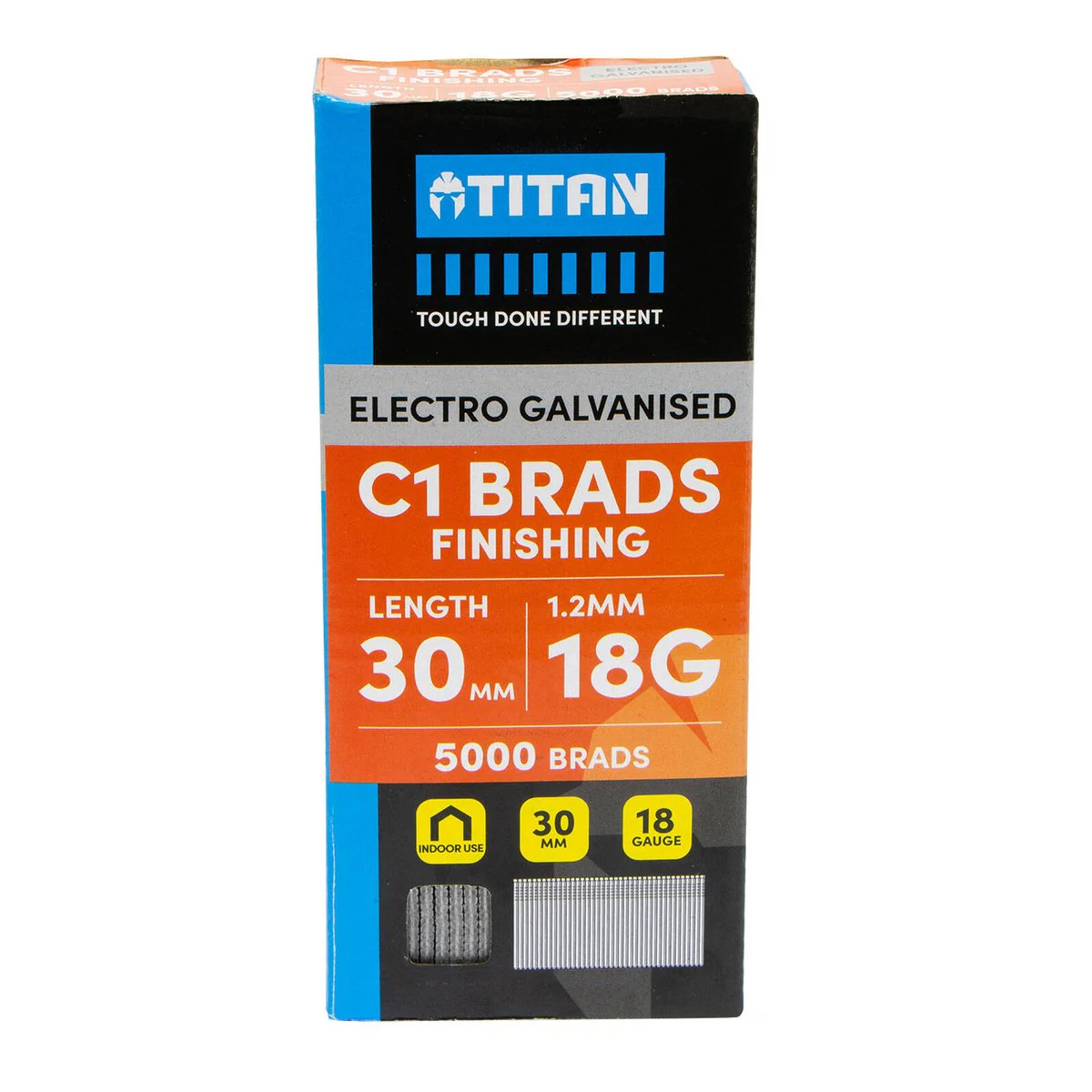 Titan 30mm Electro Galvanised Straight Collated Nail C1 Brads Pack 5000 - 1.25mm Diameter - Durable Fasteners for Woodworking