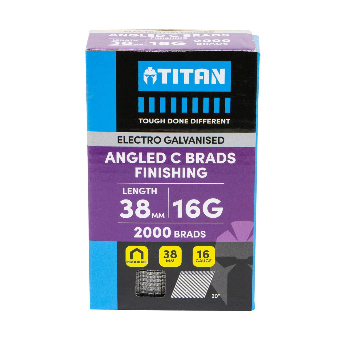 Titan 38mm 16 Gauge Electro Galvanised 20° Angled Collated Nail Brads Pack of 2000 - Chisel Point - Corrosion Resistant