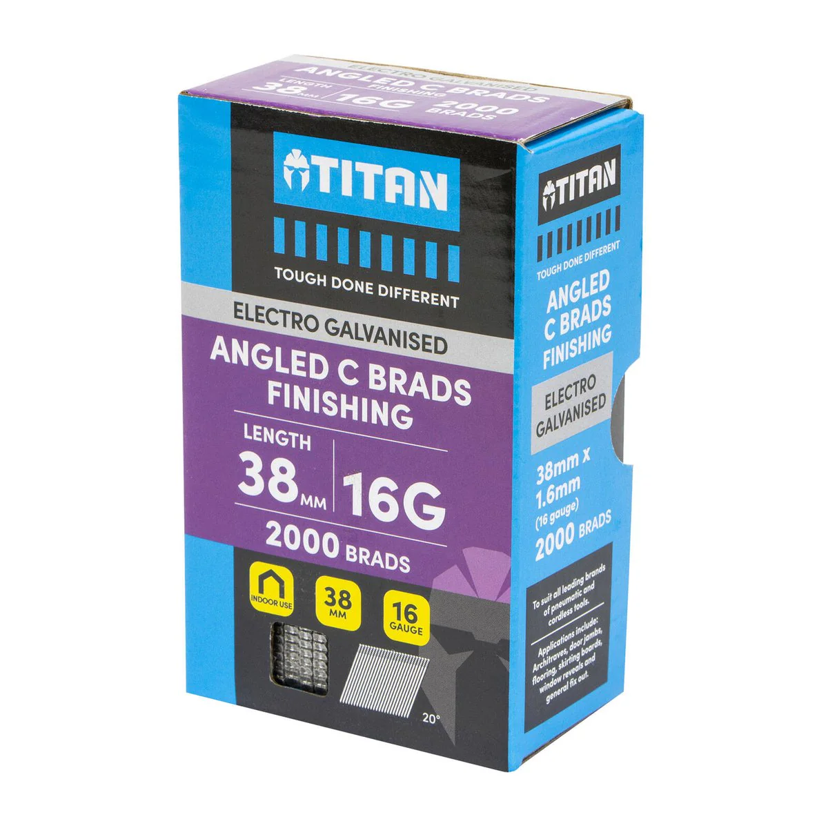 Titan 38mm 16 Gauge Electro Galvanised 20° Angled Collated Nail Brads Pack of 2000 - Chisel Point - Corrosion Resistant - Image 3