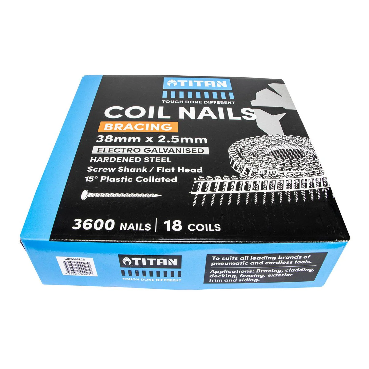 Titan 38mm Collated Coil Nail Screw - 3600 Pack - Hardened Electro Galvanised - Corrosion Resistant